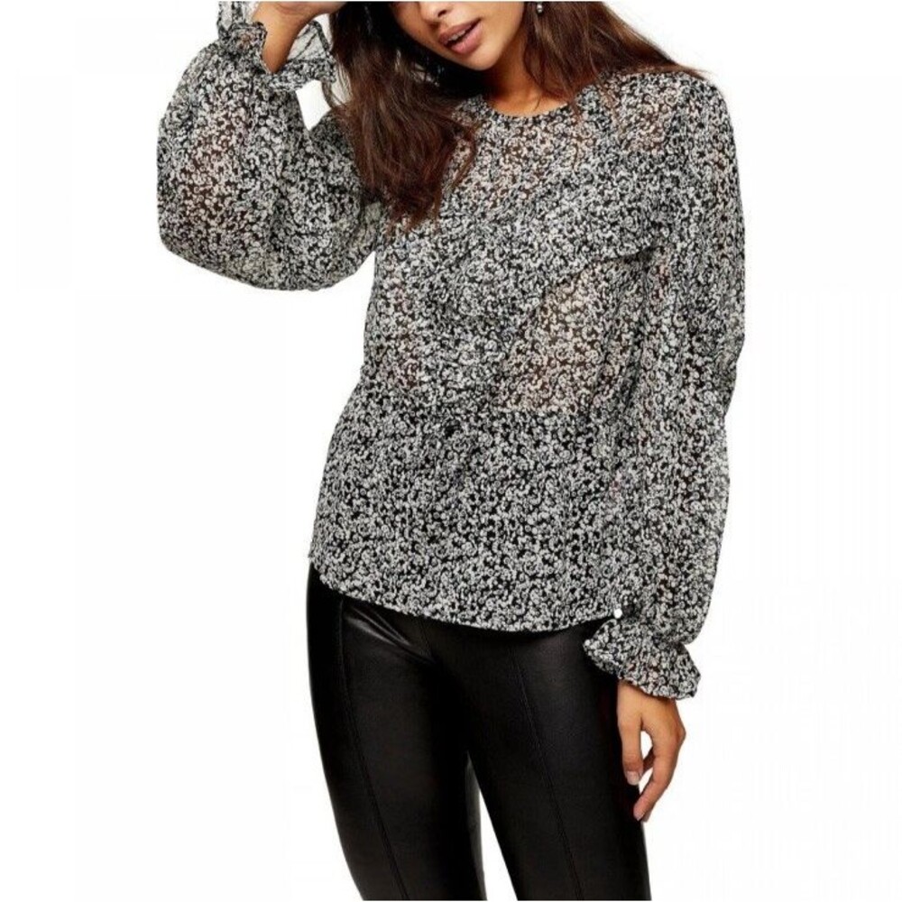 NWT Topshop Floral Ruffle Blouse Long Sleeve Black/White- Size 4